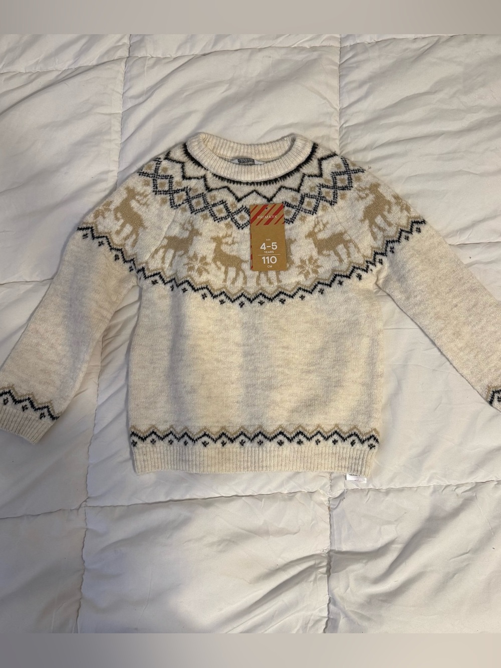 NWT Primark Boys 4-5 Fair Isle Reindeer Sweater Neutral